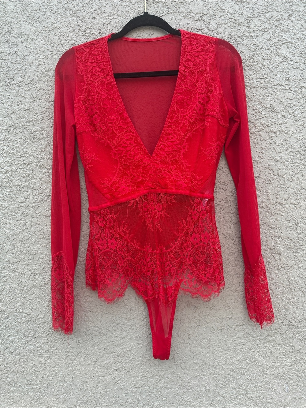 Red Lace Long-Sleeve Chemise Bodysuit